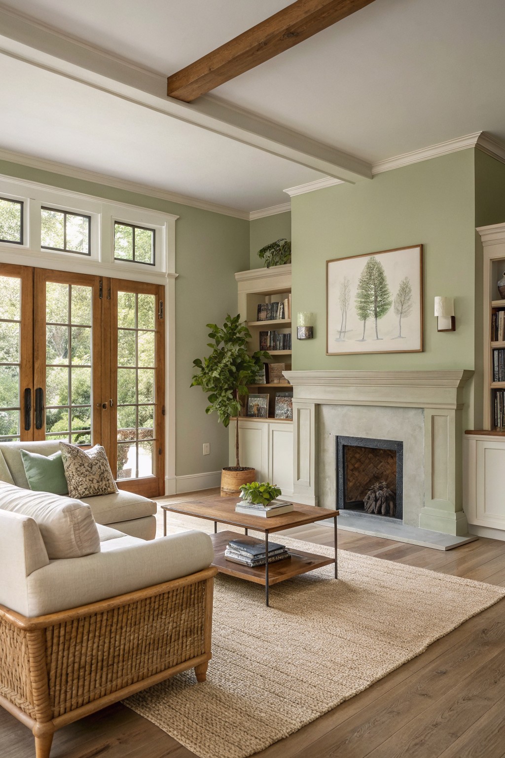 Living room walls painted in a soft sage green with white trim and wood accents.