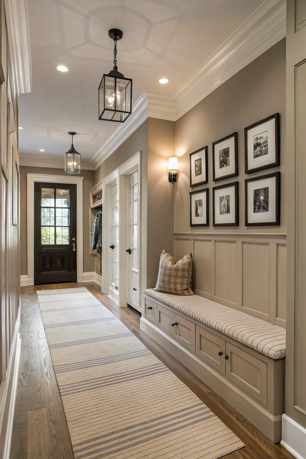Soft greige walls with white trim and a built-in bench in a hallway.