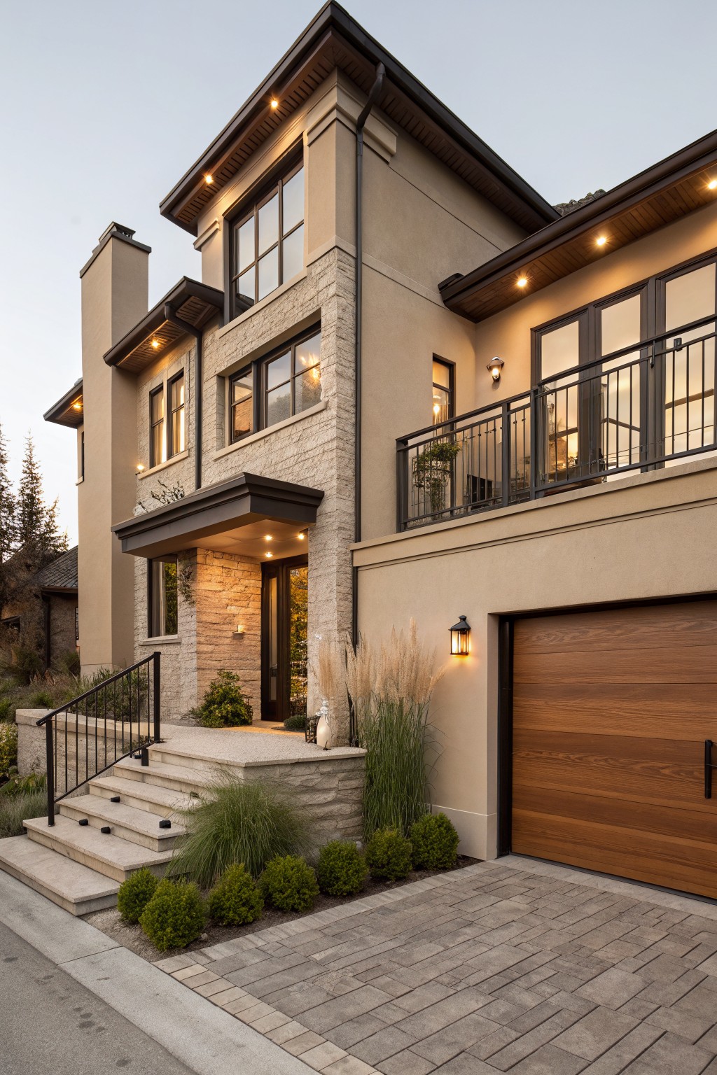 A modern house exterior with warm greige painted siding and a wooden garage door.