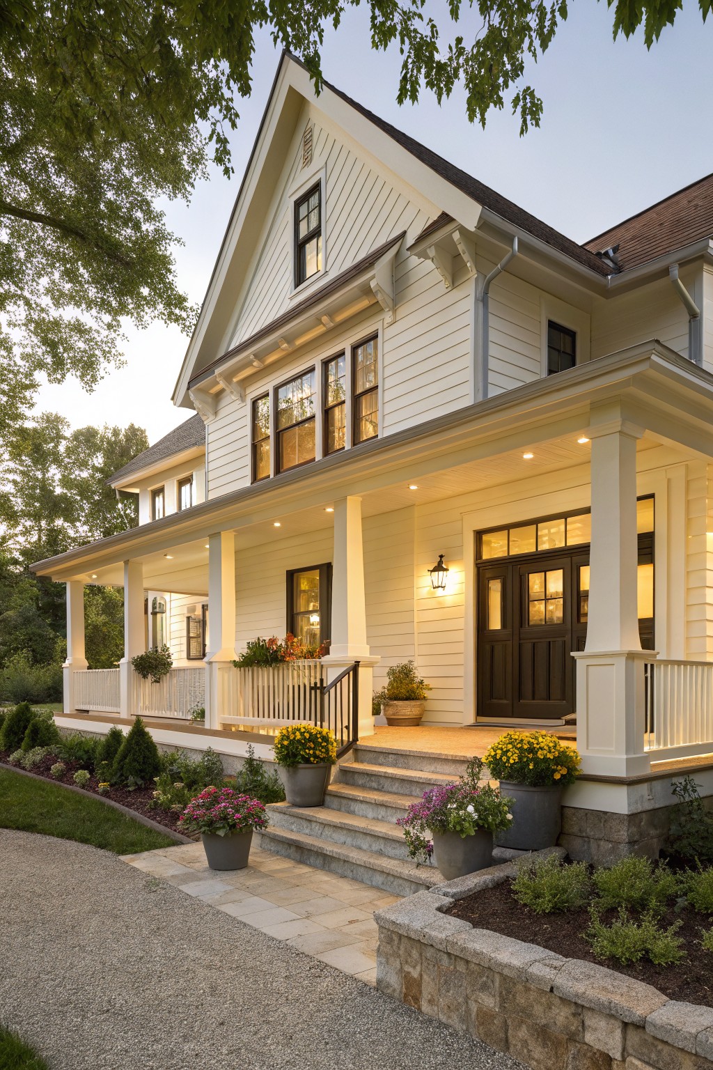 A two-story house with warm white siding and a wide front porch.