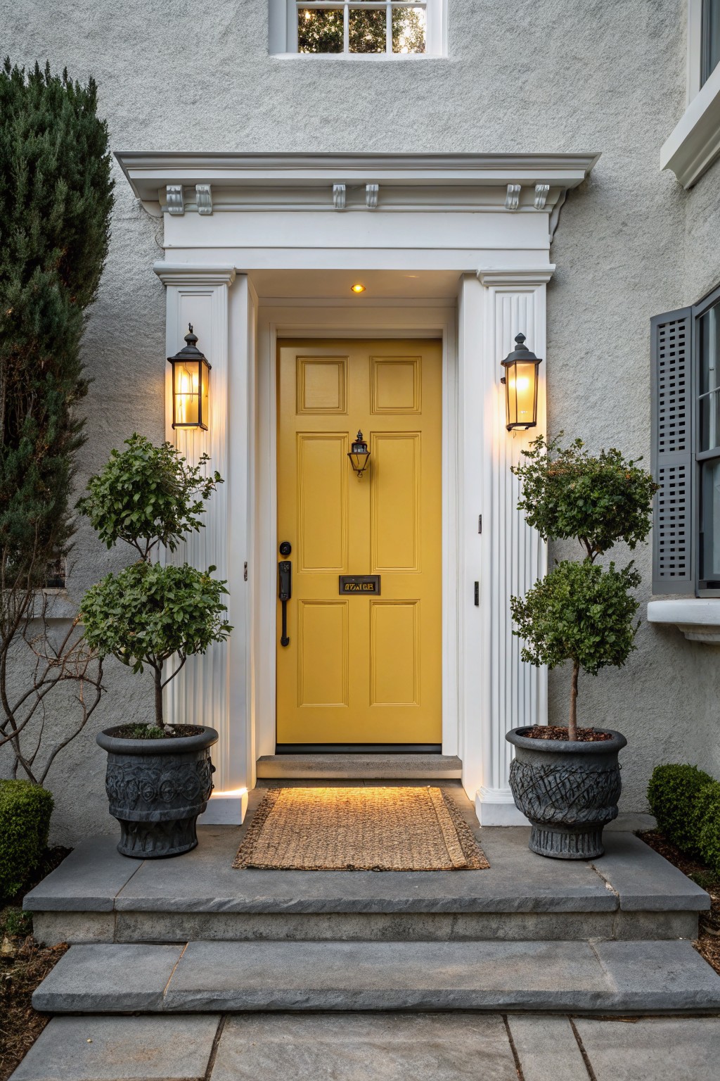 A yellow front door with white trim on a house entrance.