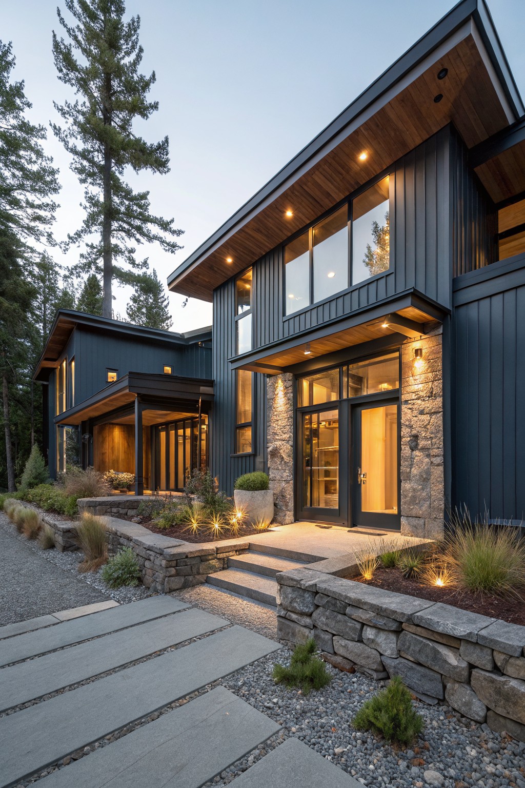 Modern home with deep charcoal siding next to stone and wood accents.