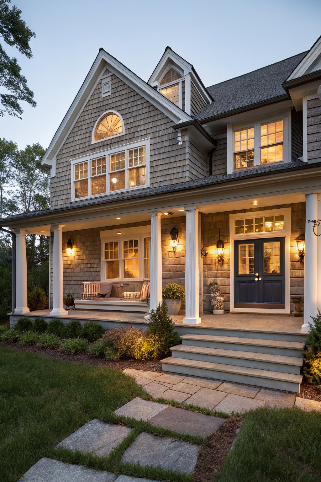 A house exterior with soft gray shingle siding and white trim.