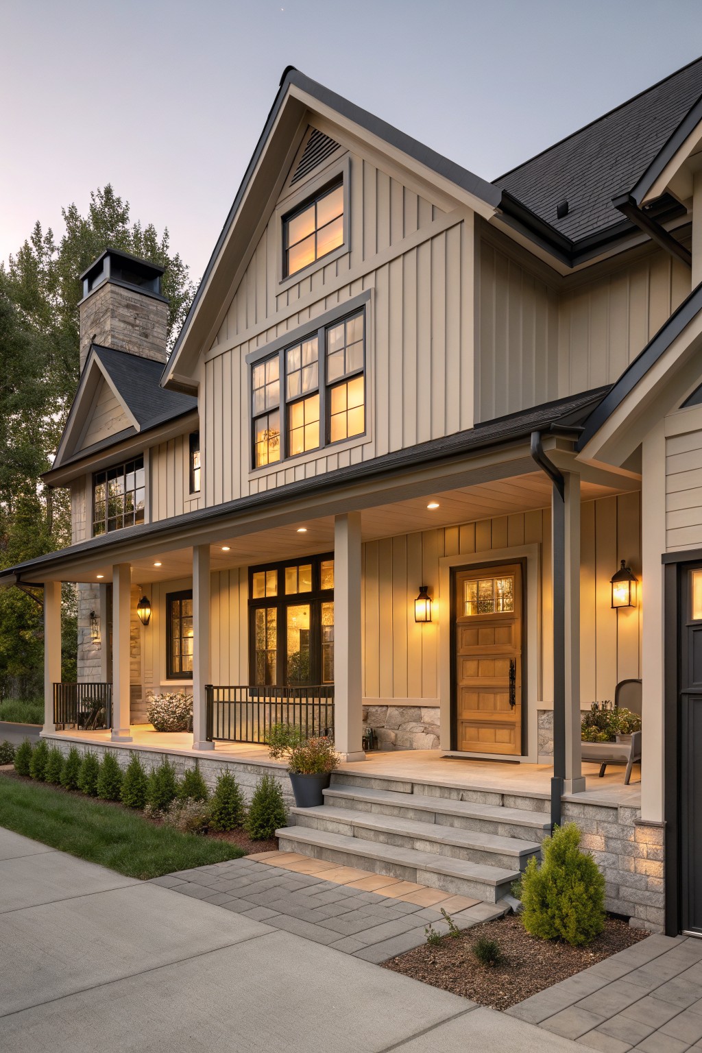 A house exterior painted in soft greige siding with stone accents and a covered porch.