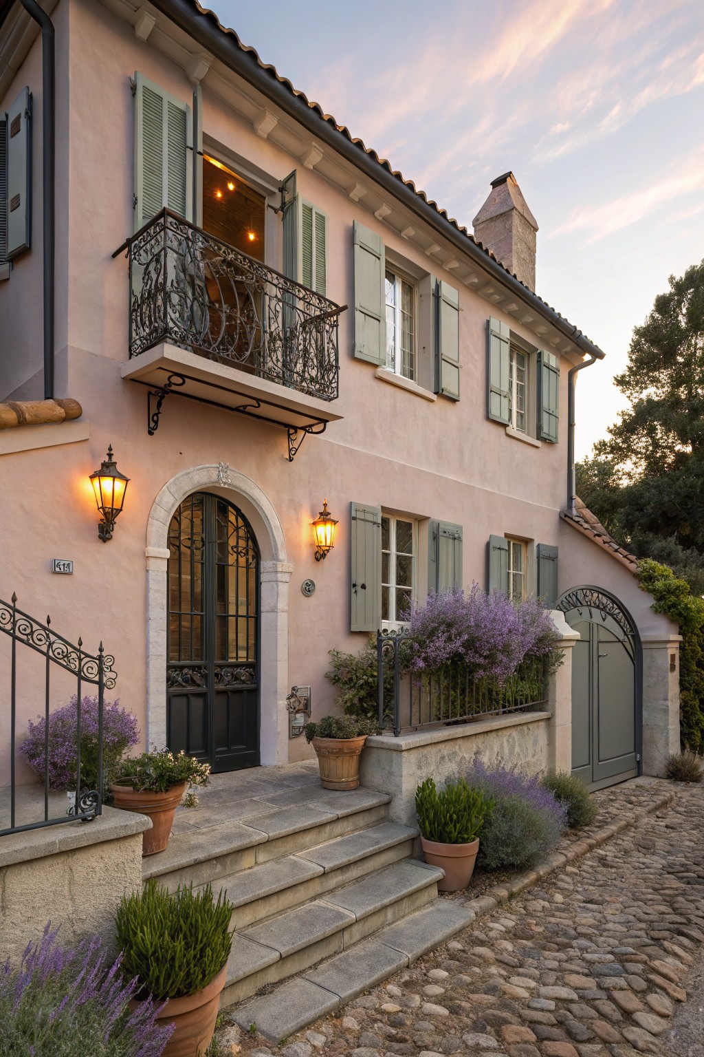 A house exterior painted in soft pink beige with green shutters and stone accents.