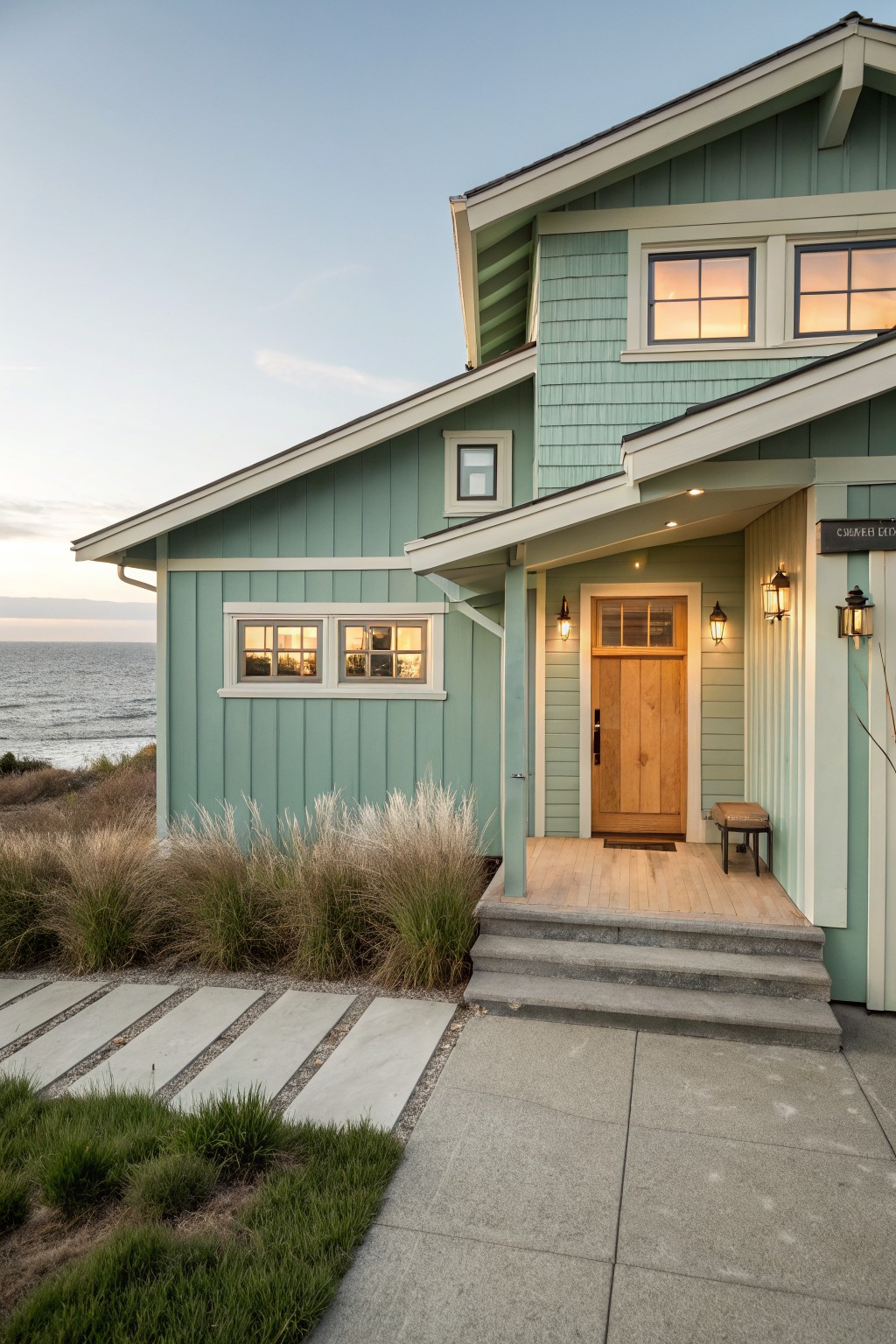 A house exterior painted in soft sage green siding with white trim and a wood front door.
