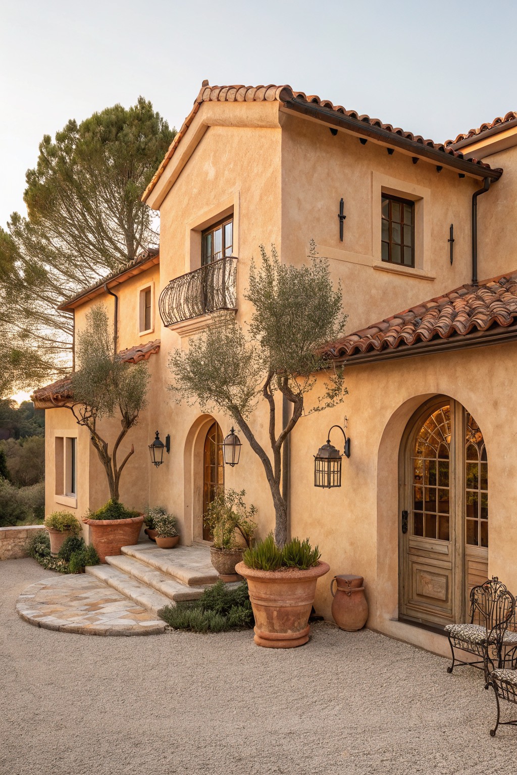 A house exterior finished in warm sandy beige stucco with terracotta roof tiles.