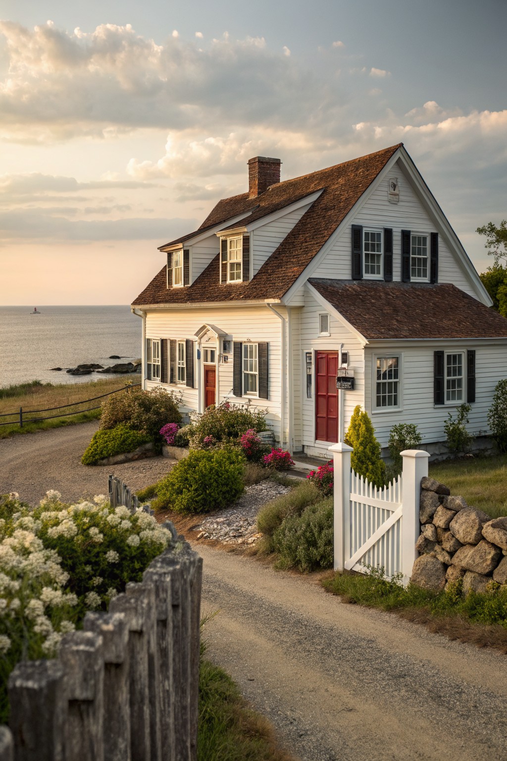 A white house with a brown roof stands near the water.