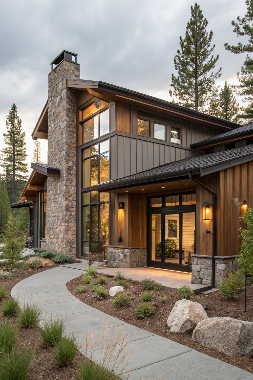 Dark charcoal gray siding on a house exterior with wood and stone accents.