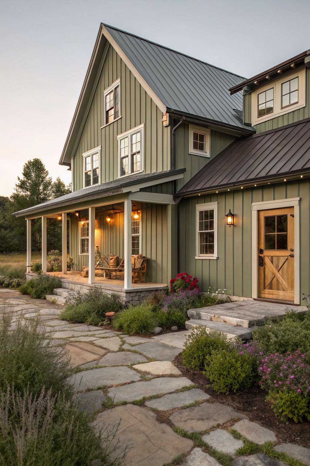 A house exterior with soft sage green siding and a brown metal roof.