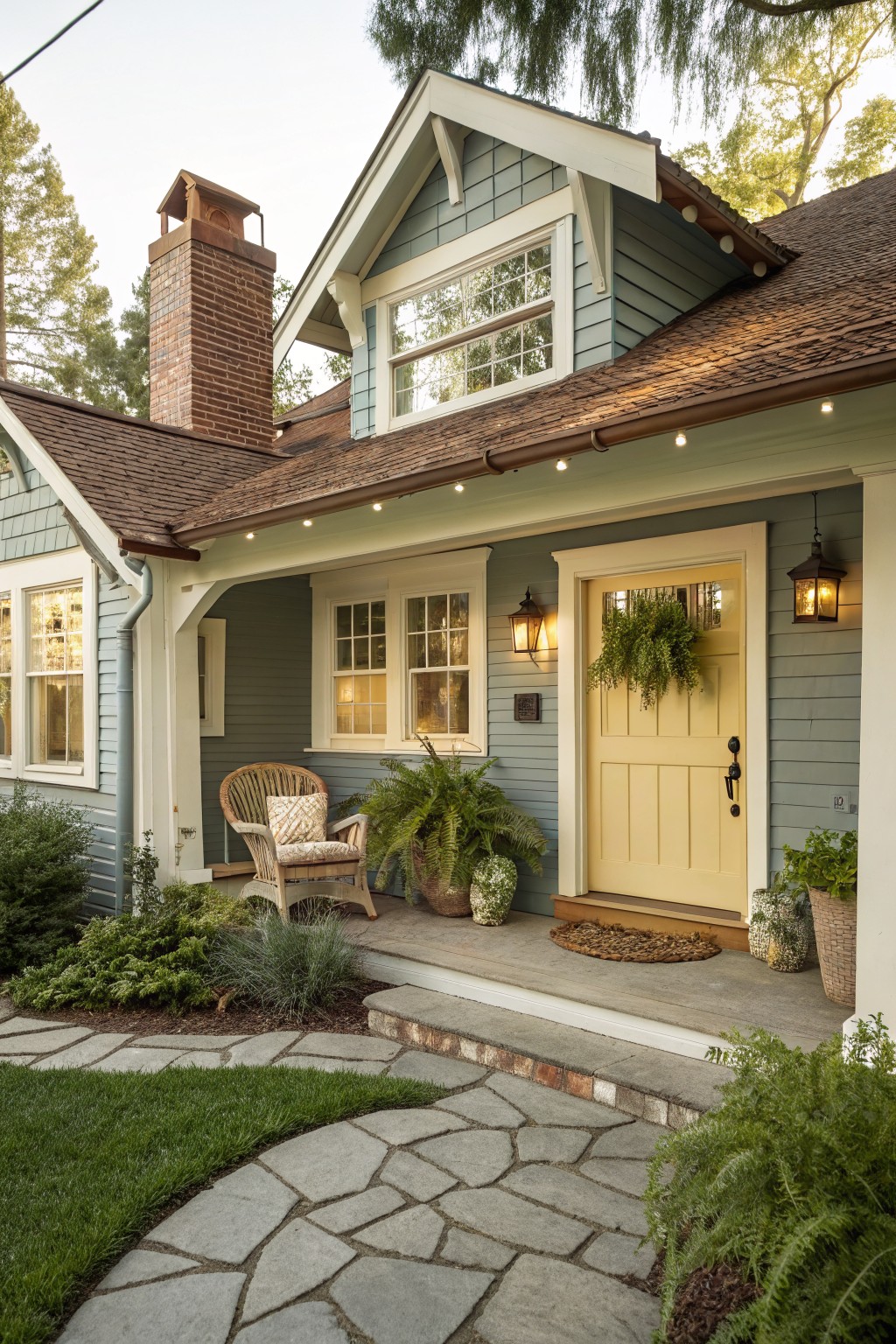 A house exterior with soft blue gray siding and a brown roof.
