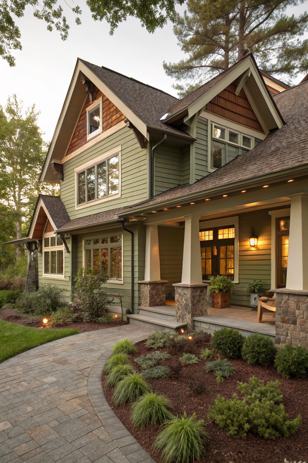 A two-story house with soft sage green siding and a brown roof.