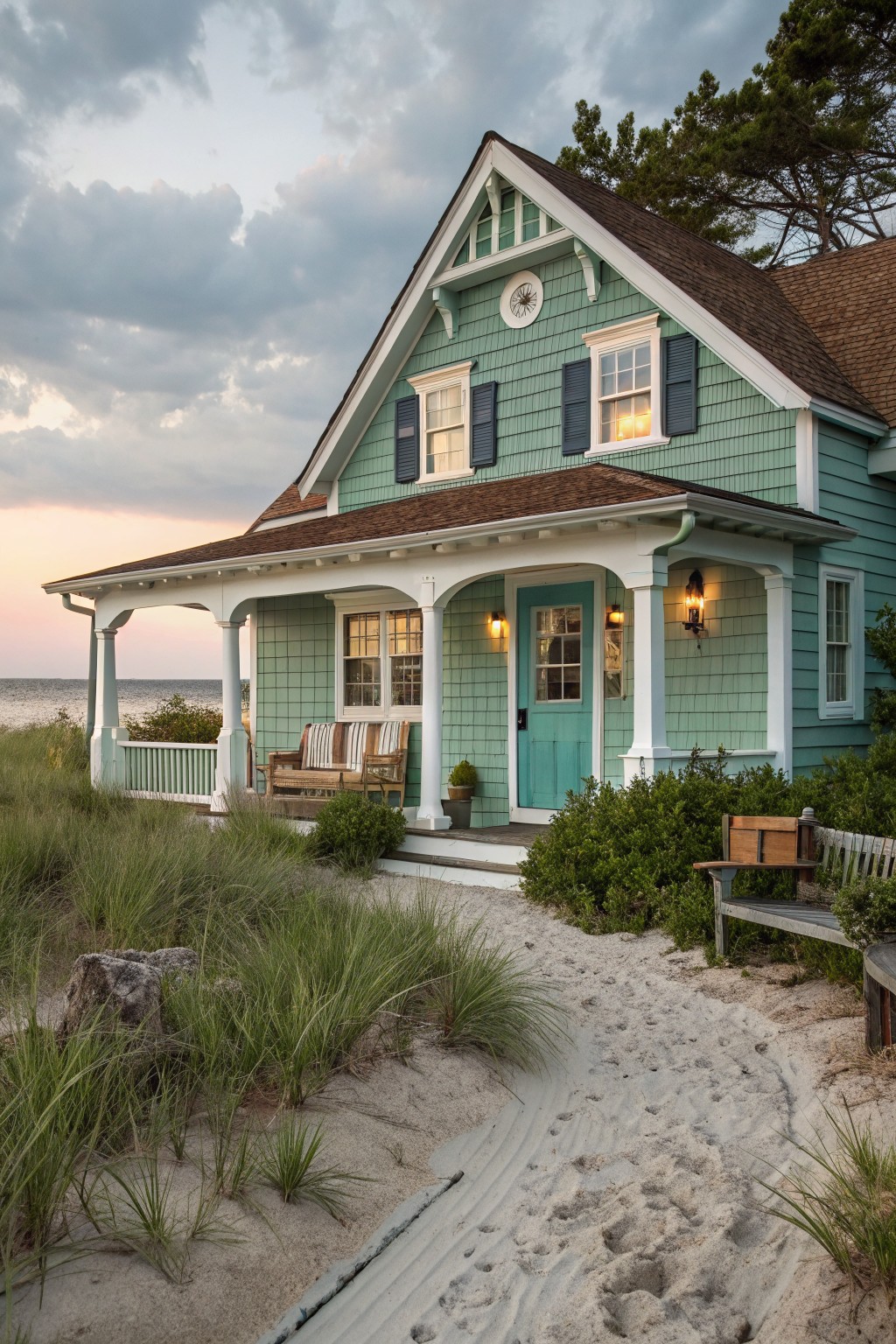 Light green siding covers the exterior of a house with a brown roof.