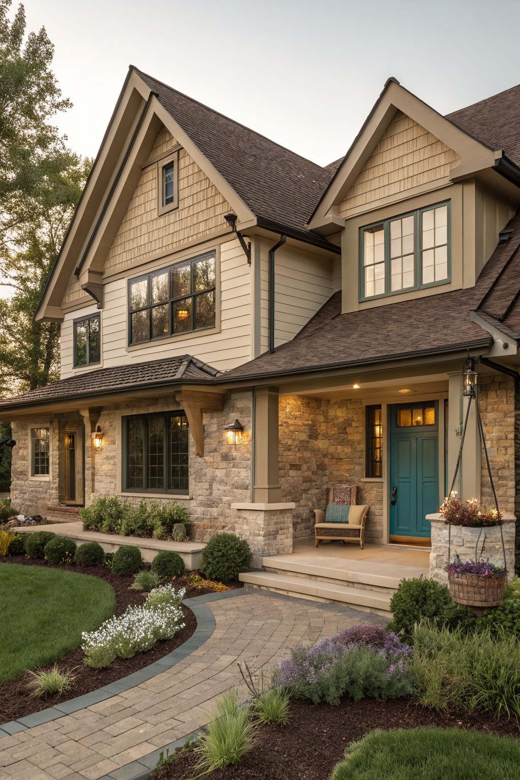 A house exterior with soft greige siding and a brown roof.