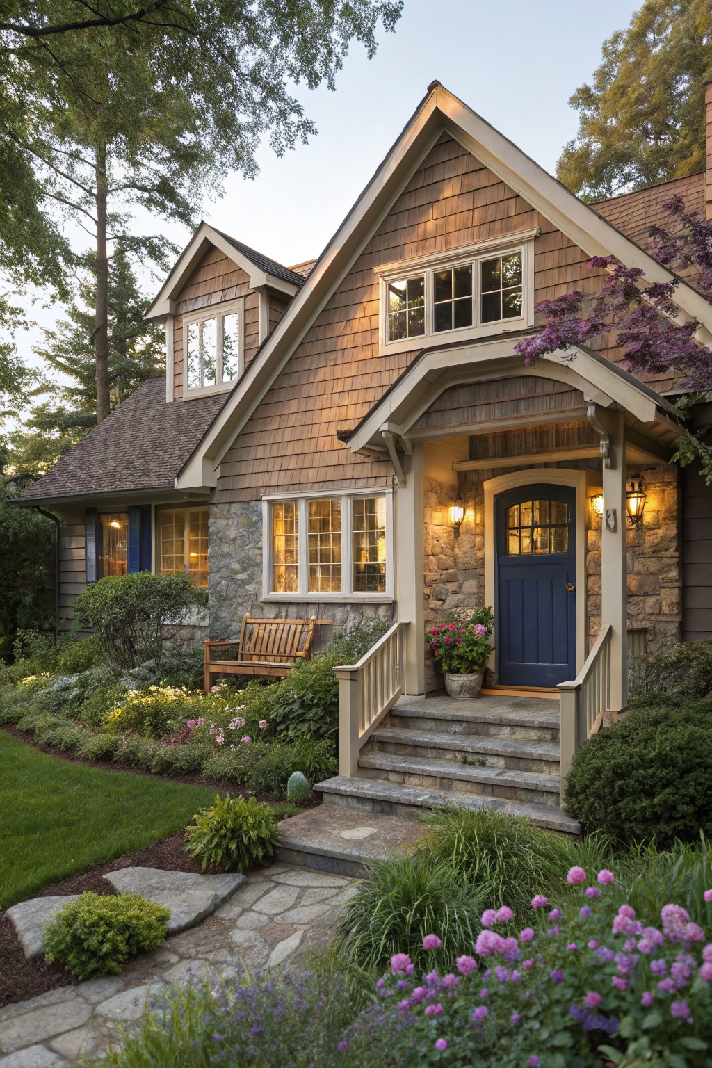 House exterior with soft greige siding next to a brown shingle roof.