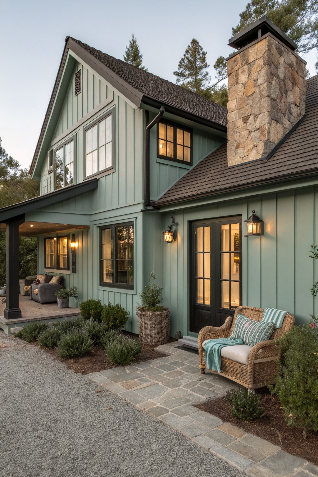 A house exterior painted in soft sage green siding next to a brown roof.