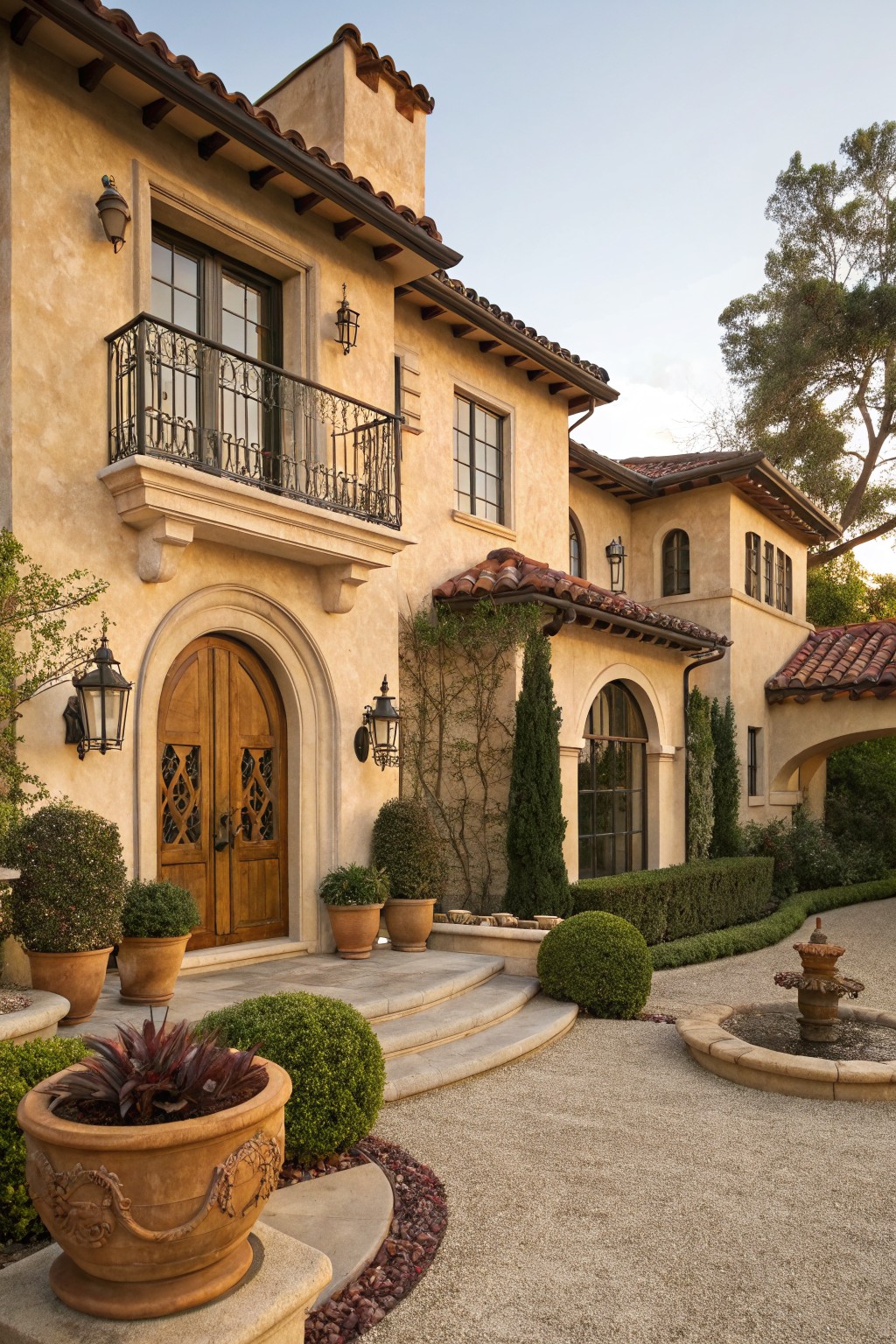 Warm beige stucco walls on a house with a brown tile roof.