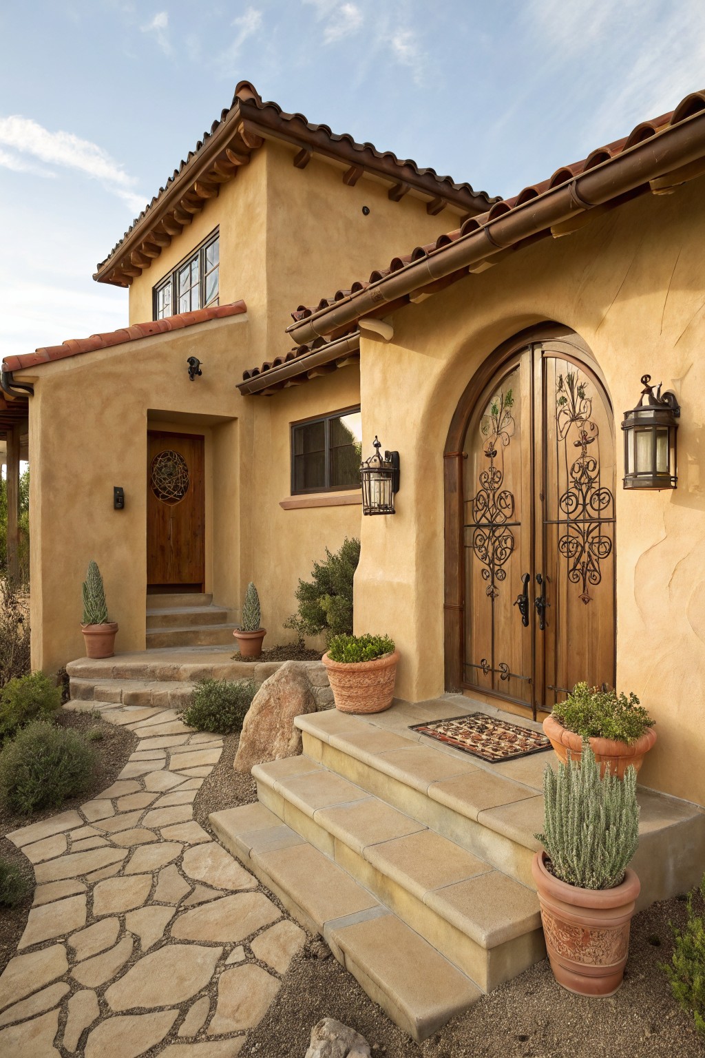 Warm beige stucco covers the exterior walls of this home with a brown tiled roof.