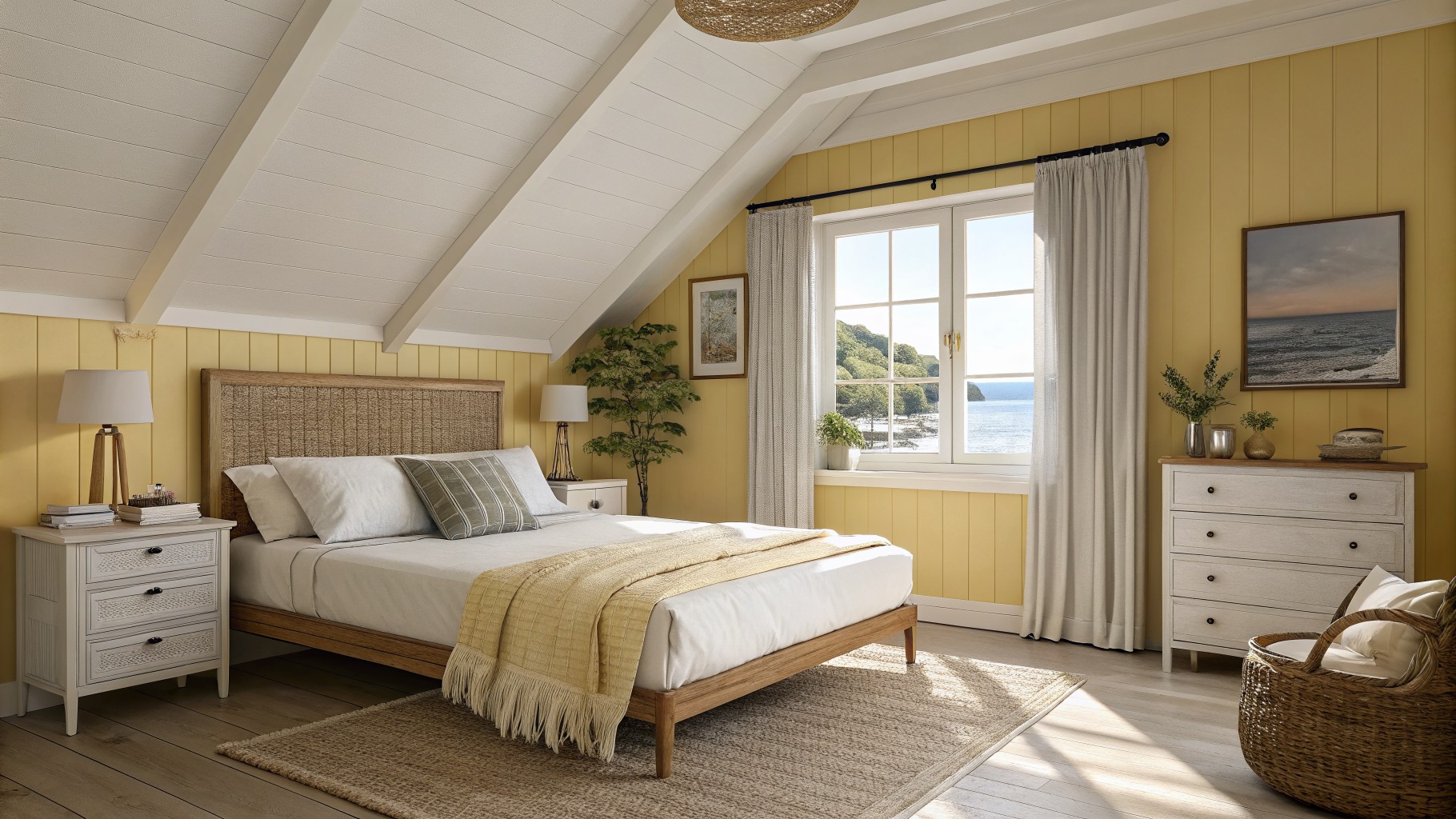 Pale yellow walls in a bedroom with slanted ceilings and white trim.