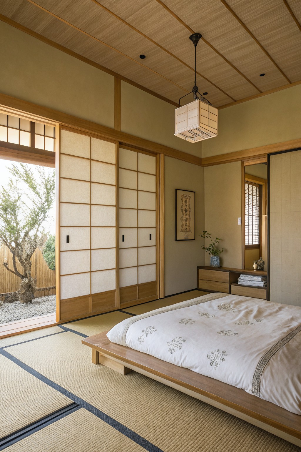 A bedroom with light greige walls and wooden shoji screens.
