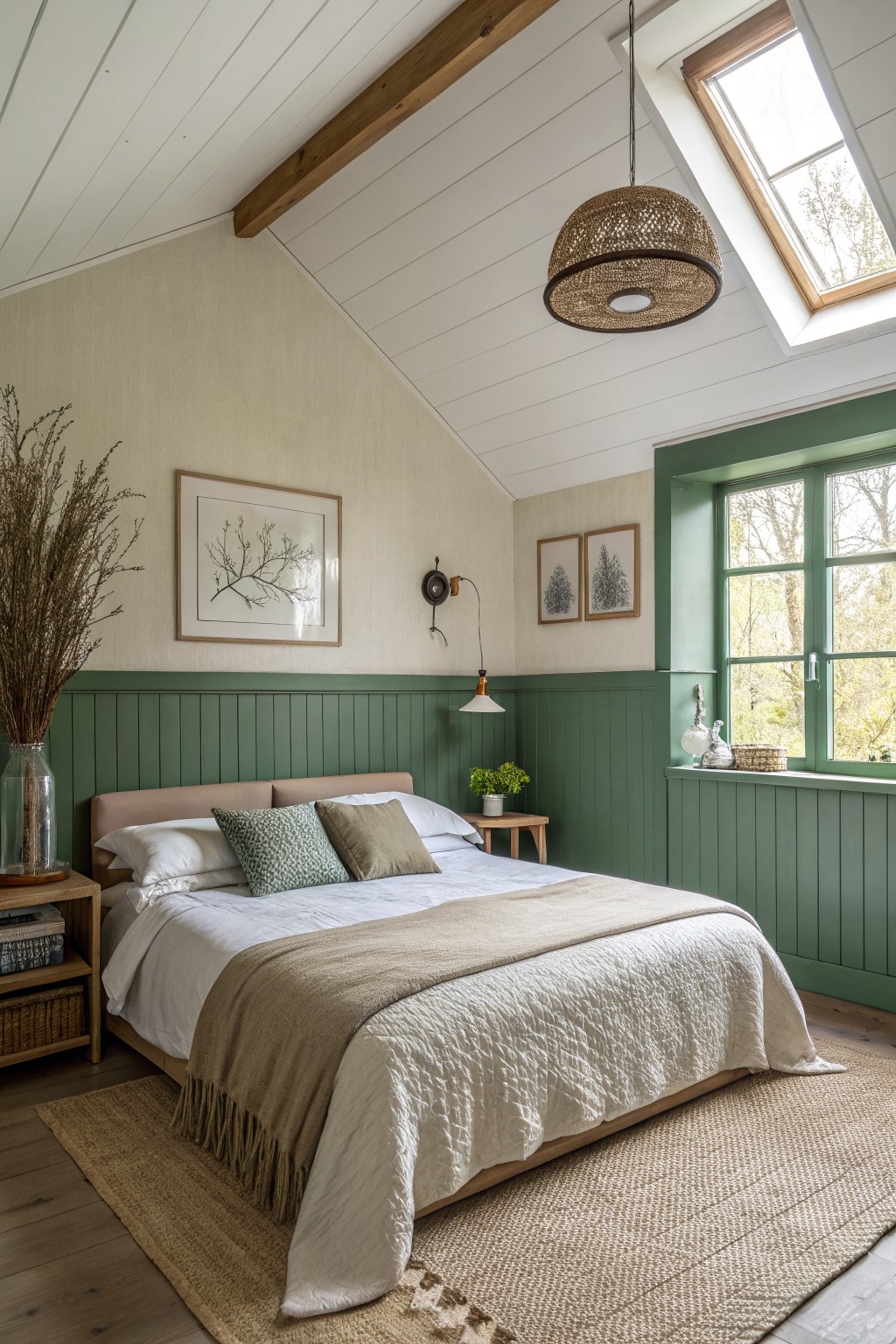 A bedroom with muted green paneling on the lower walls and a light neutral above.