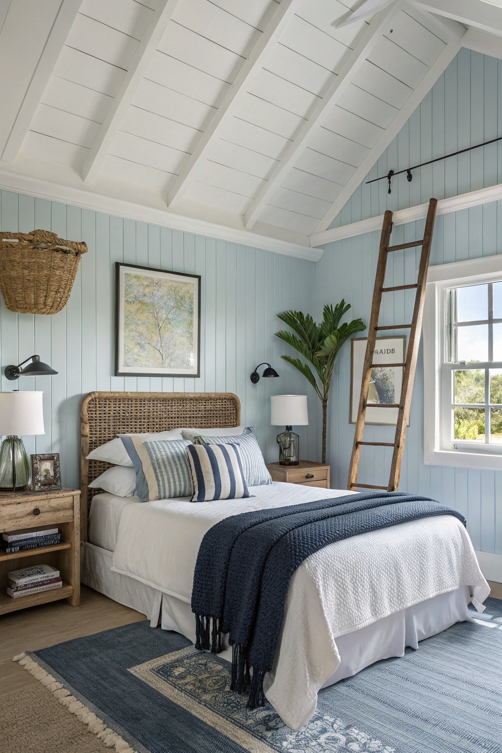Coastal bedroom with blue walls, rattan bed, wooden ladder, and white bedding