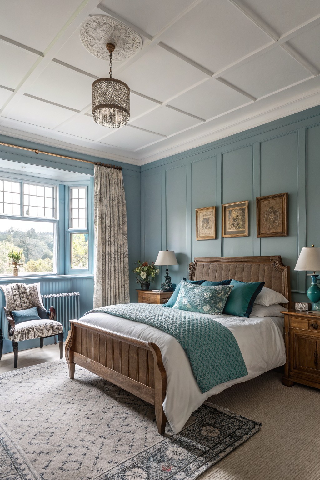 Bedroom walls painted in a soft blue-gray color.