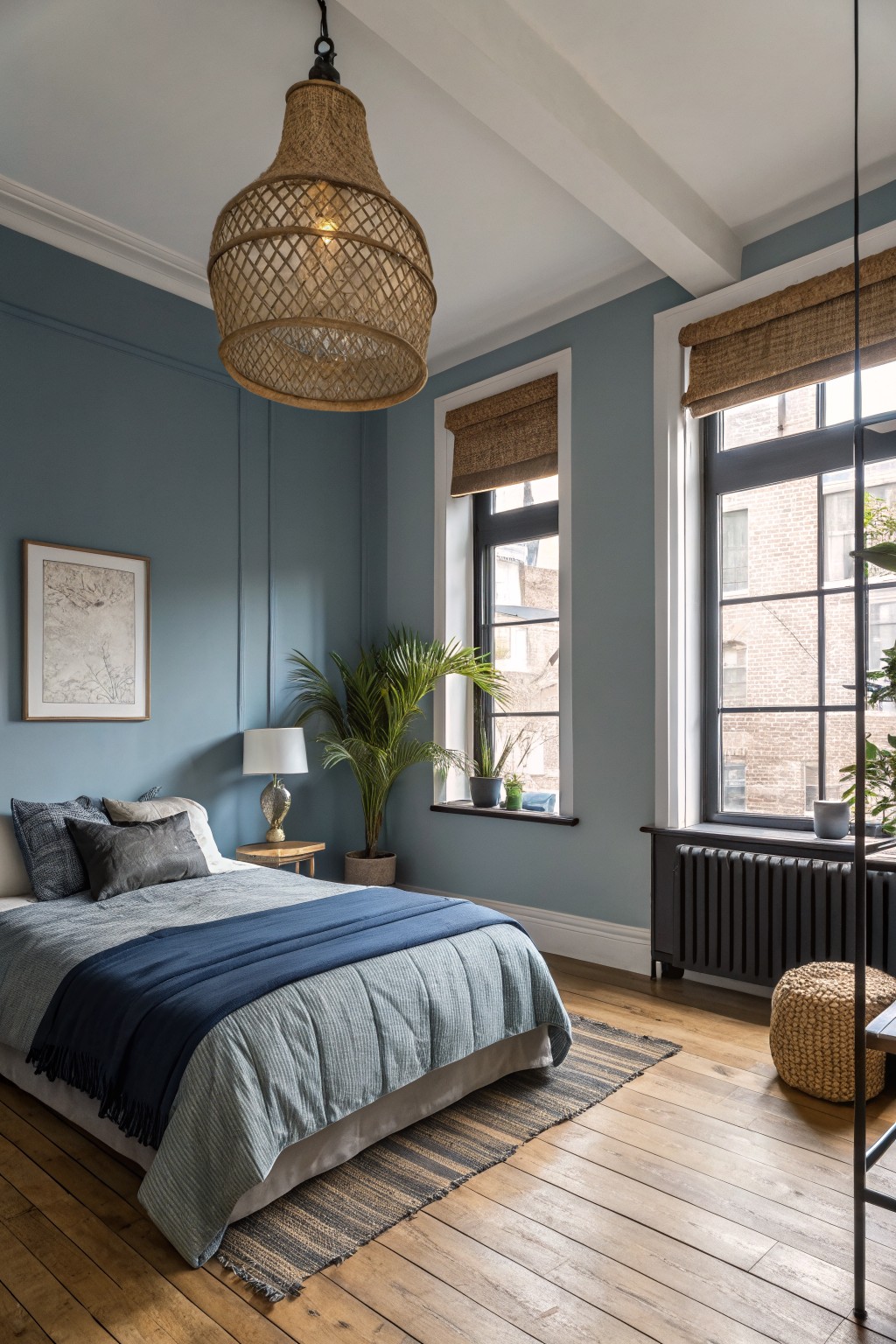 A bedroom with soft blue gray walls and wood flooring.