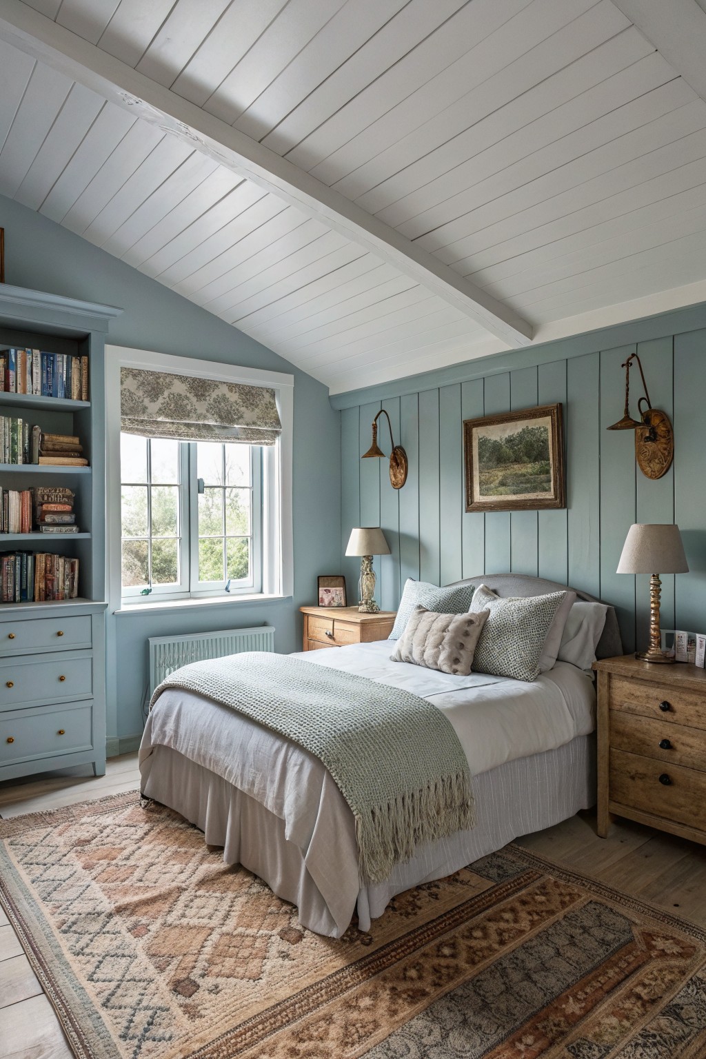 Bedroom walls painted a soft blue gray.