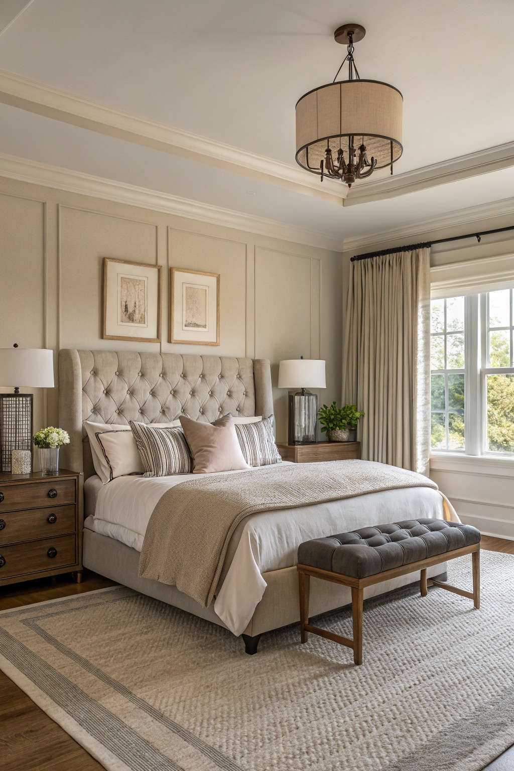 Light greige walls in a bedroom with wood furniture and a large window.