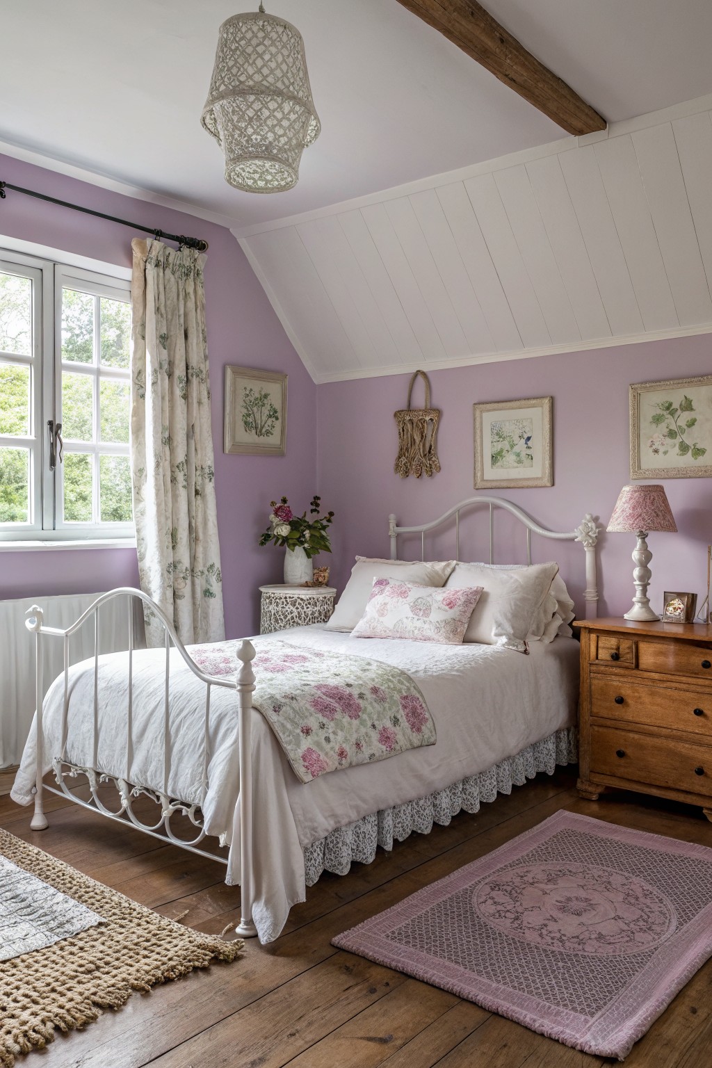 A bedroom with soft lavender walls and white trim.