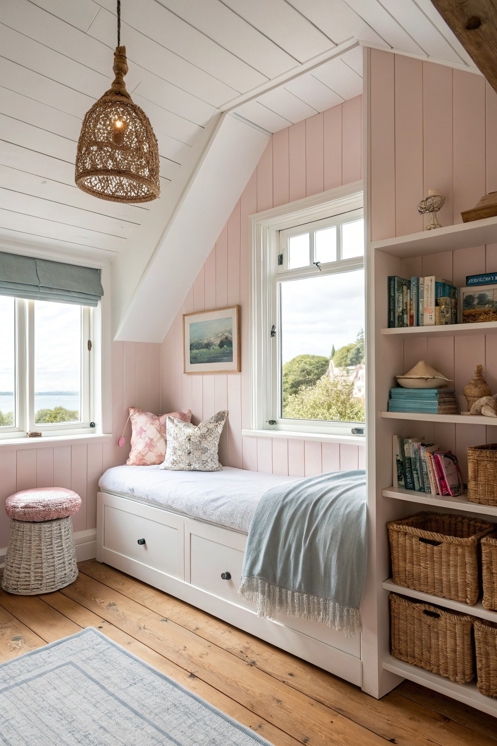 A bedroom with soft pink walls and white built-in storage.
