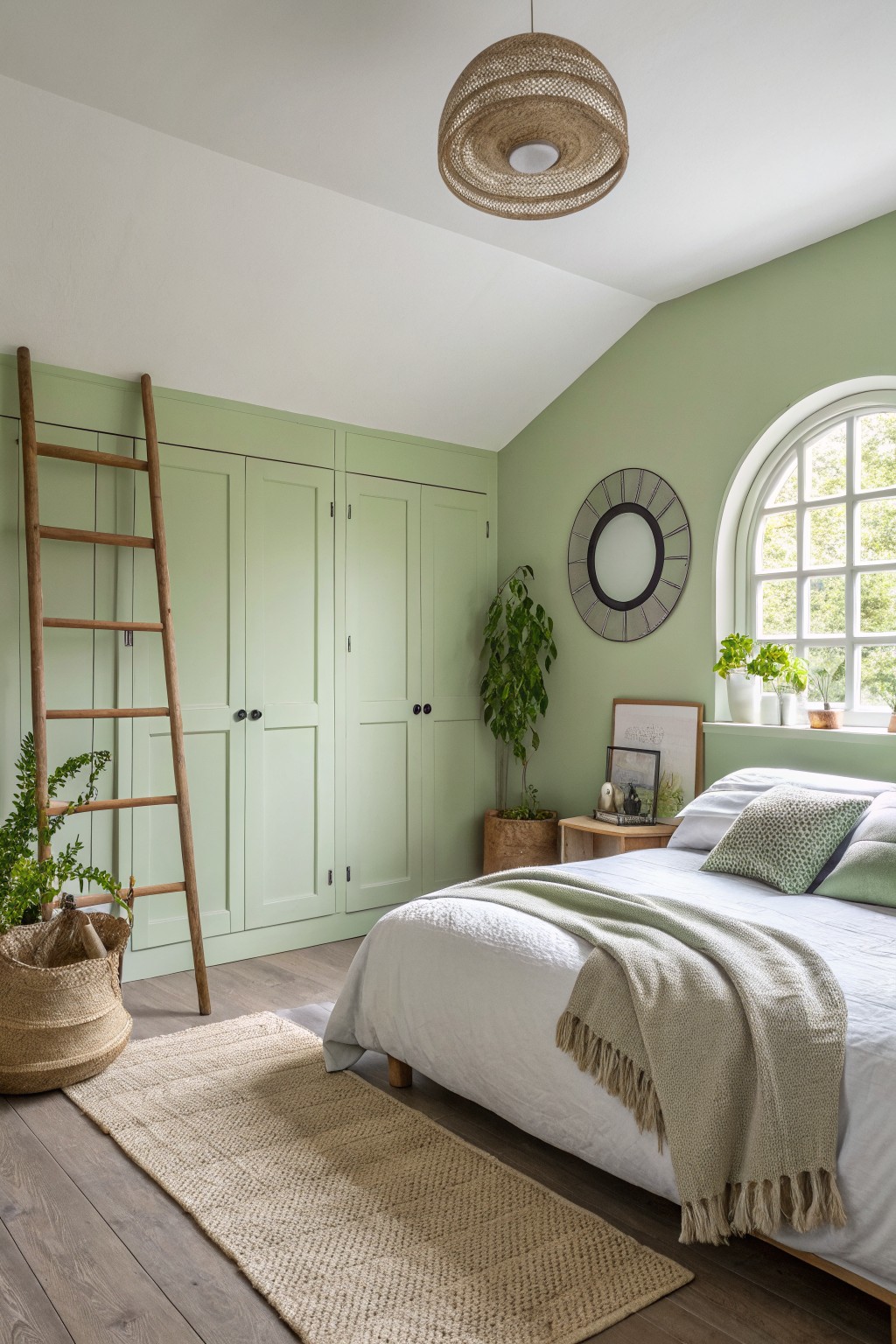 A bedroom with soft sage green walls and built-in cabinetry.