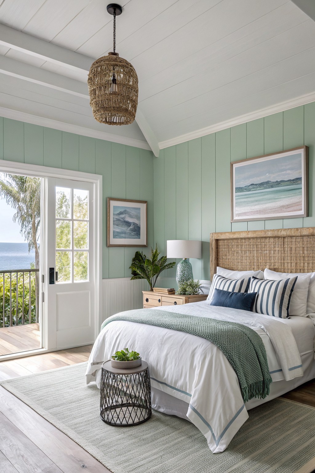 Bedroom walls painted in a soft sage green with white trim.