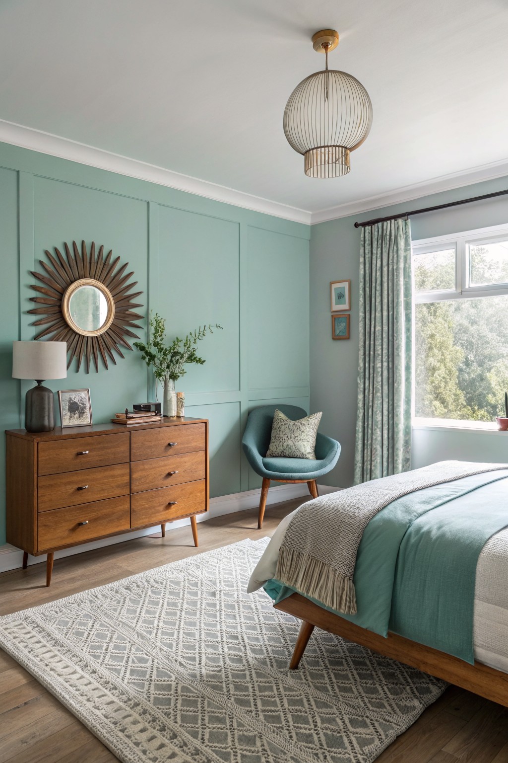 Light teal walls in a bedroom with wood furniture and a patterned rug.