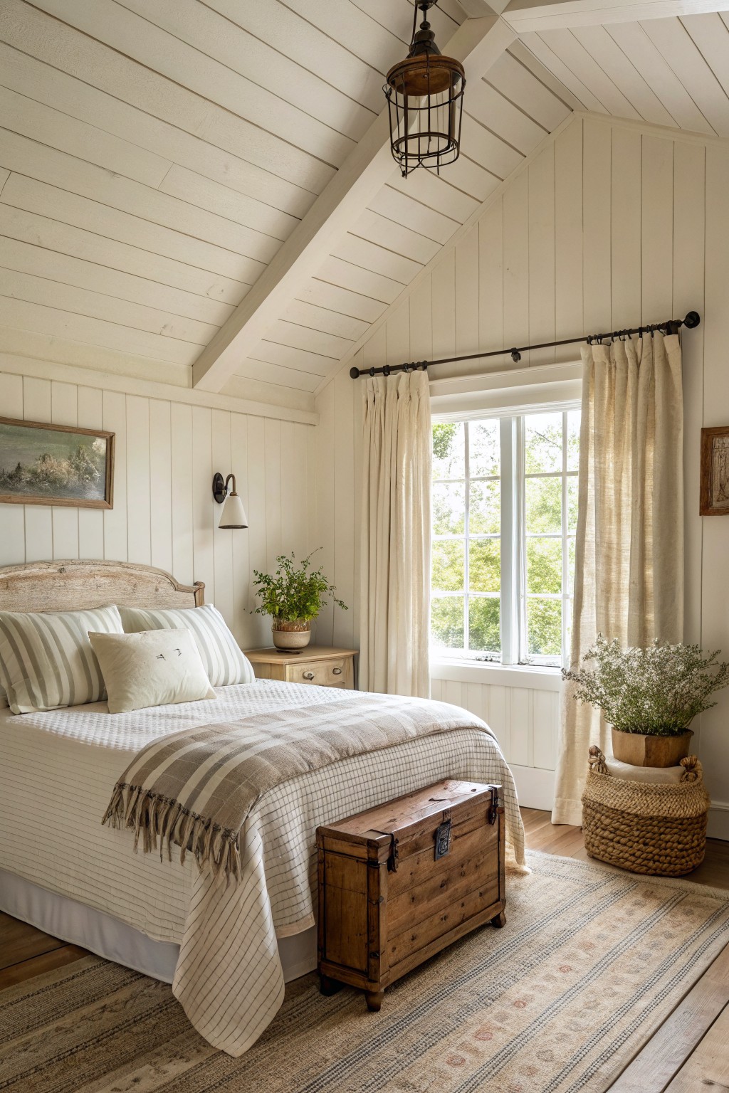 A bedroom with soft white walls and wood accents.