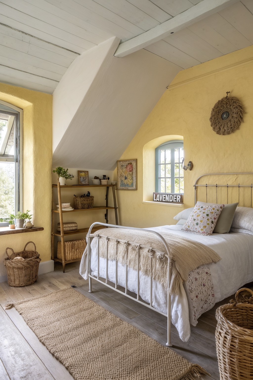 A bedroom with soft yellow walls and a white metal bed.