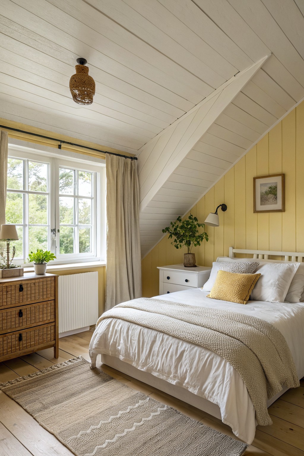 Pale yellow walls in a bedroom with slanted ceilings and white trim.