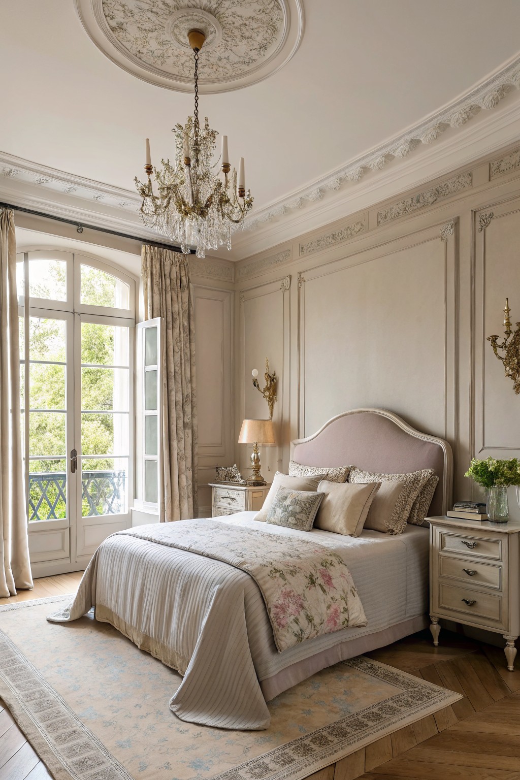Elegant bedroom with pink headboard bed, crystal chandelier, French doors, and neutral furnishings