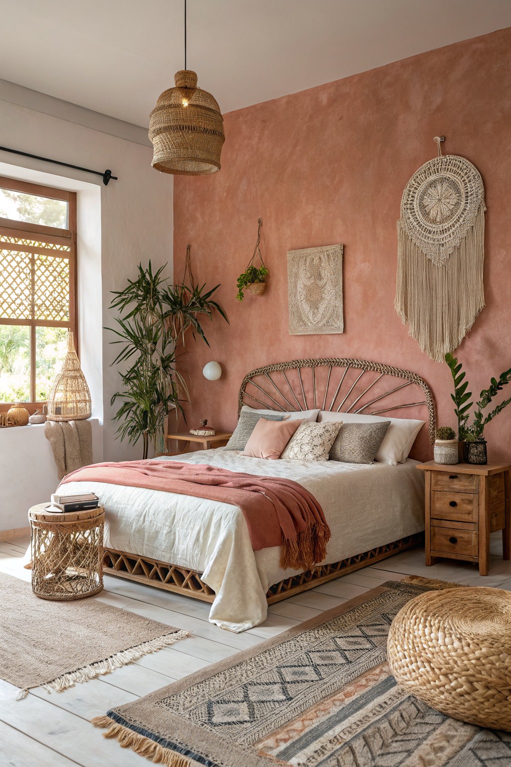 A bedroom with warm terracotta walls and a woven headboard.