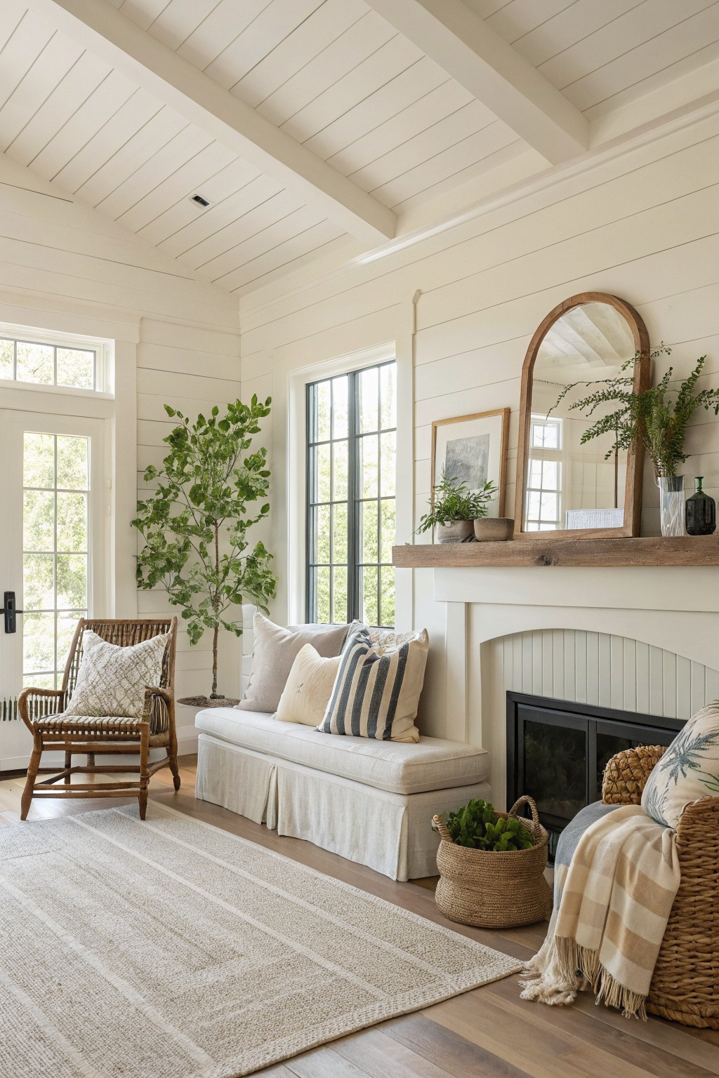 Warm off-white walls with shiplap in a bright farmhouse living room.