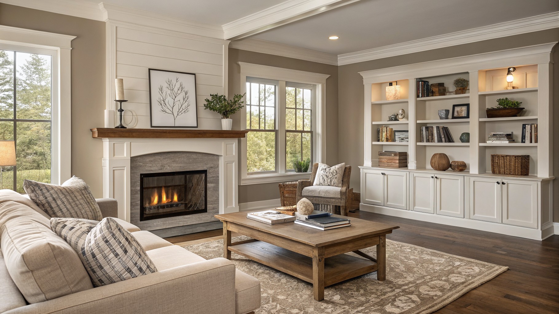 Cozy living room with white fireplace, built-in bookshelves, beige sofa, and wooden coffee table.