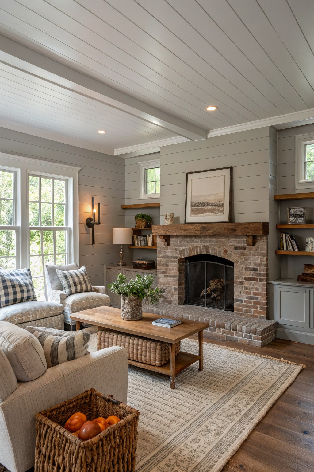 Cozy living room with stone fireplace, wooden coffee table, and neutral sofas.