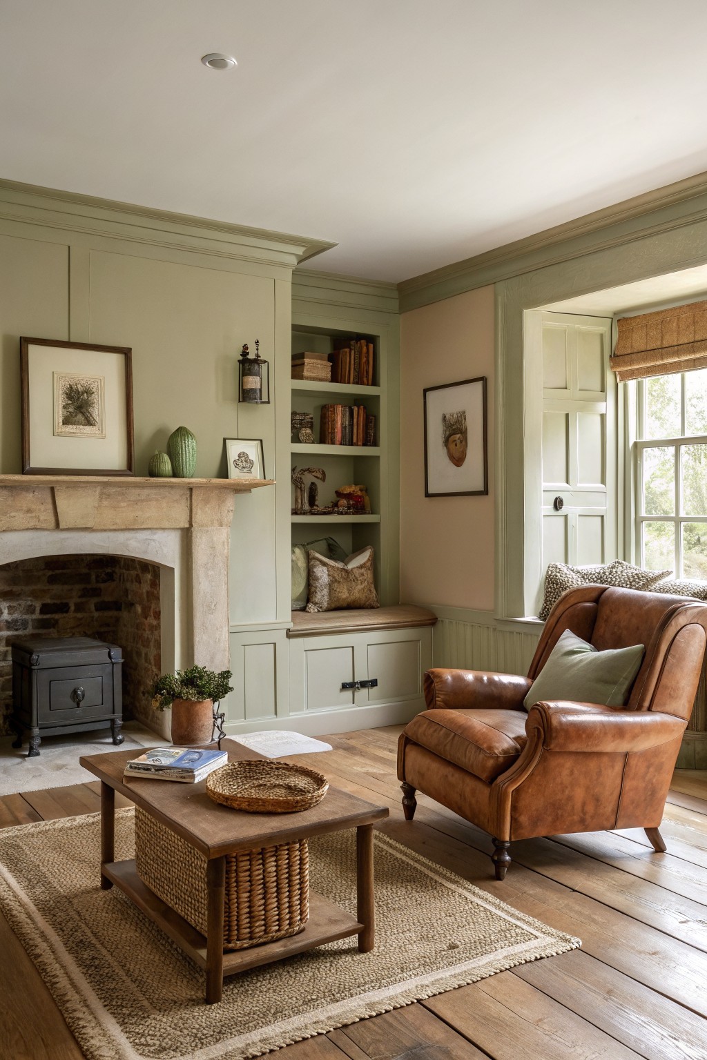 Living room walls painted in a soft sage green with built-in shelves and a stone fireplace.