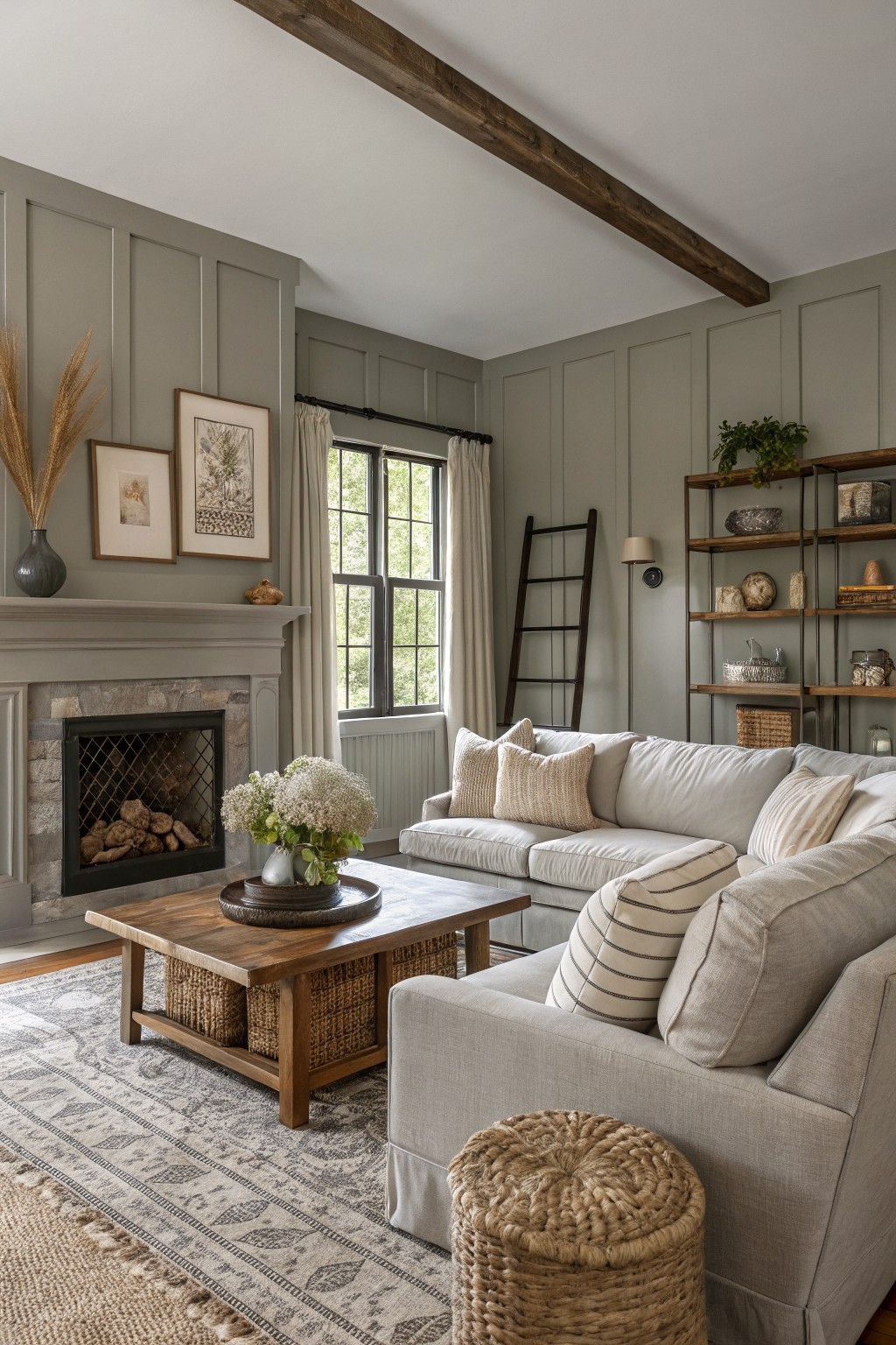 Living room walls painted in a soft sage green with wood accents and a stone fireplace.