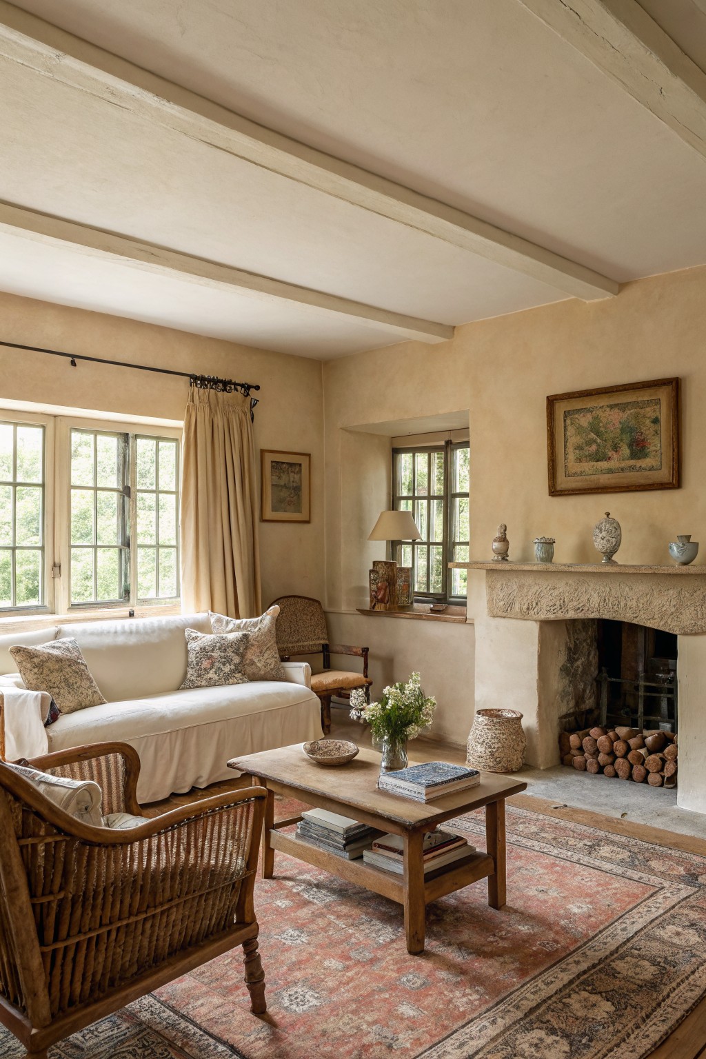 A living room with warm beige walls and exposed wood beams.