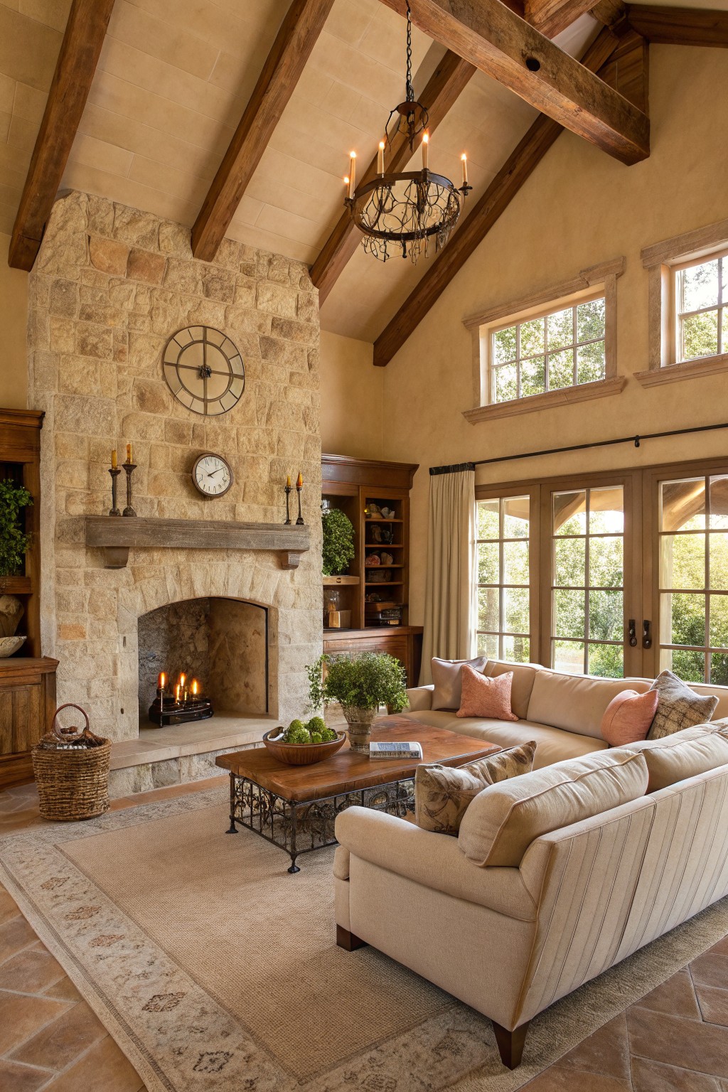 Rustic living room with stone fireplace, wooden beams, sofas, and chandelier