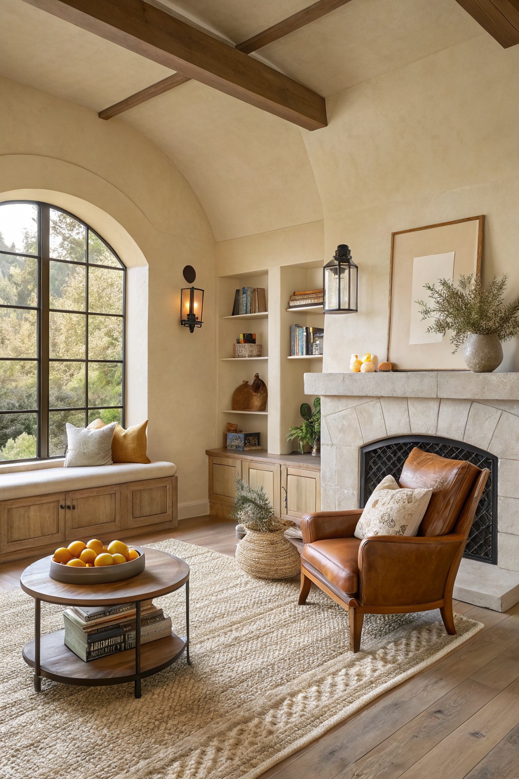 Living room walls painted in a soft warm beige.