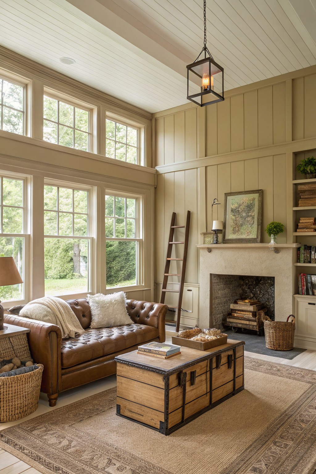 A living room with warm greige walls and large windows.