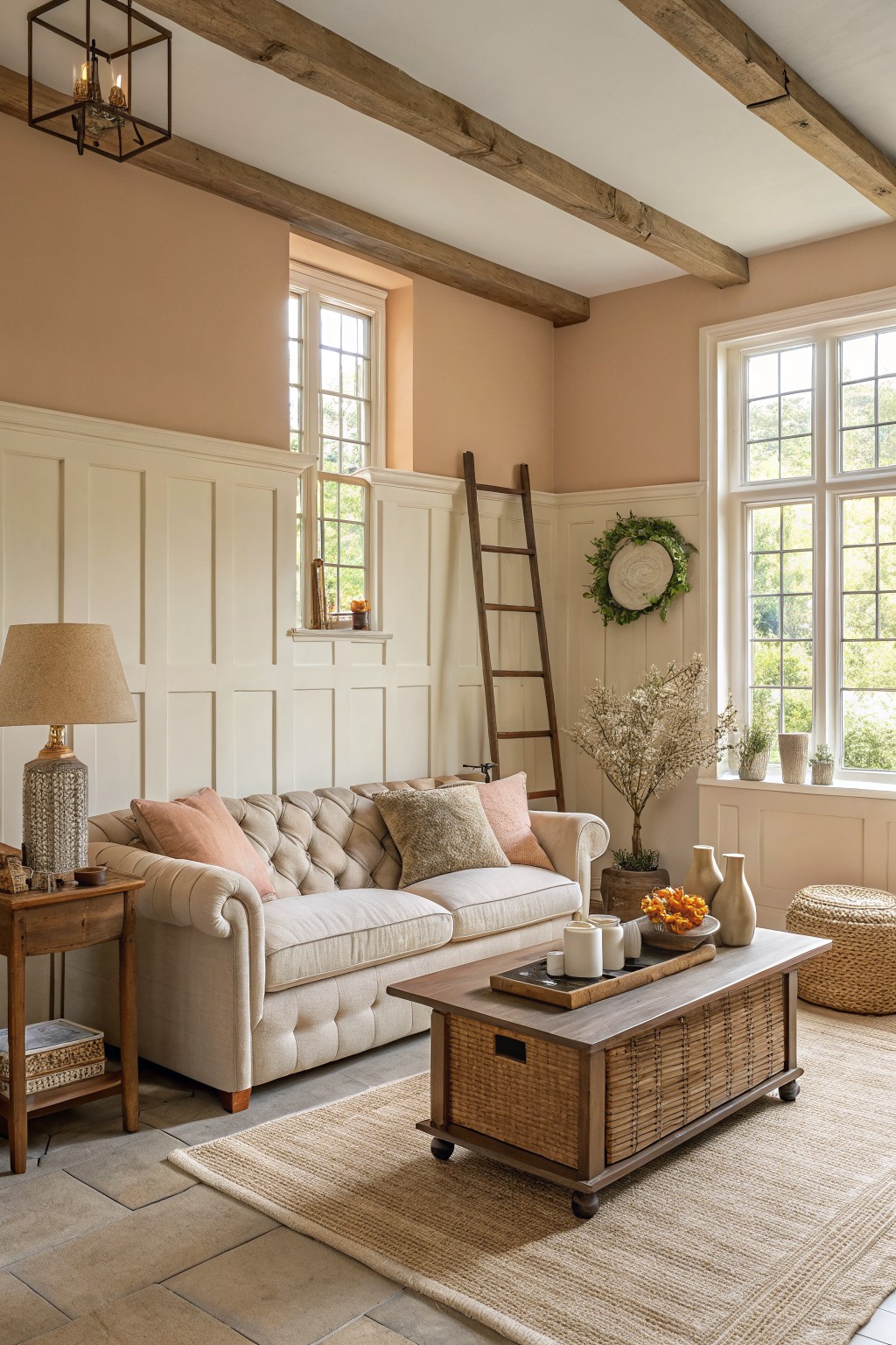 Living room walls painted in a soft warm peach neutral beside white wainscoting and wood beams.
